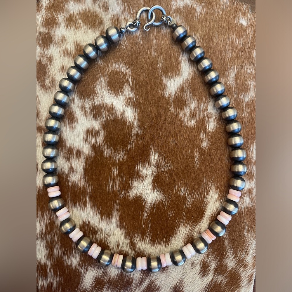 Native made pink conch and Navajo pearl choker